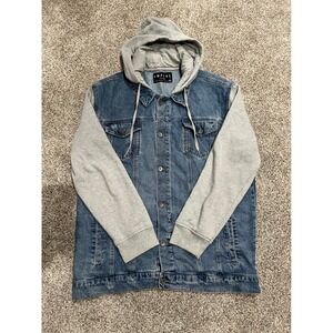 Empyre Mens XXL Denim Jacket Grey Hoodie Sleeves Mixed Media Trucker Blue Grey